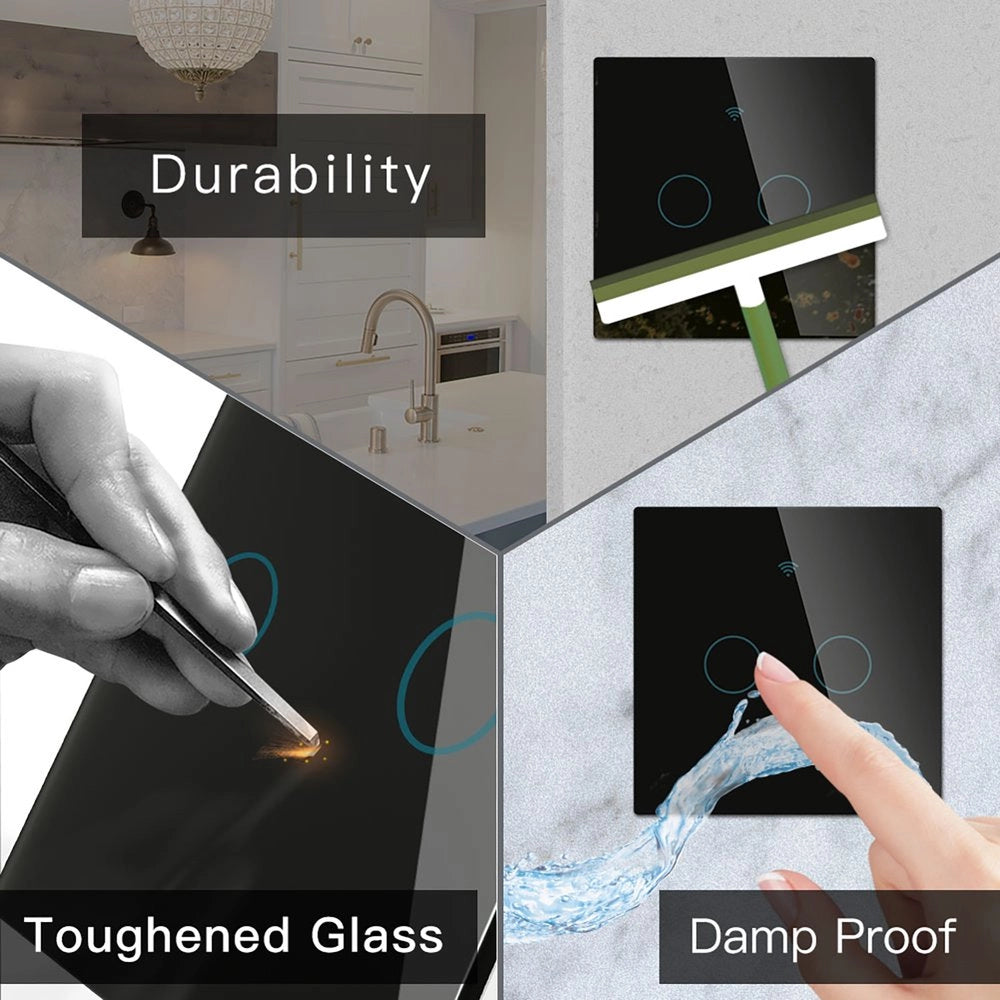 Interruttore Da Parete Touch 2 Tasti, WIFI 2.4G+BLE+RF 433MHz, Bluetooth BLE Mesh TUYA, Smart Life, 10A, AC 90-250V, 50/60HZ, 86X86X30mm Per Scatola 502, IP20, Nero, SH9442B
