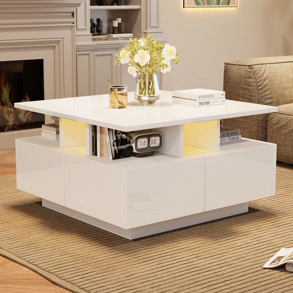 Tavolino da salotto cubico 70 x 70 x 40 cm bianco lucido con LED e 4 cassetti