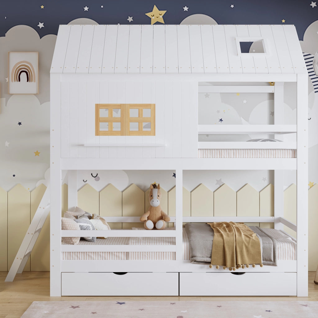 Letto a Castello 90x200 cm - con 2 Cassetti; Finestre e Tetto - Bianco Naturale