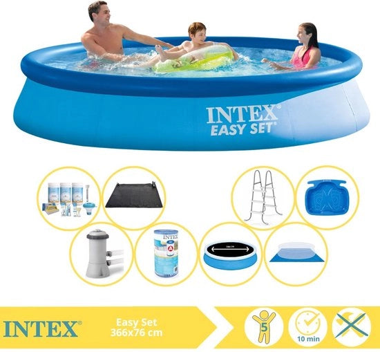 Piscina per l'Esterno Easy Set - Piscina Inflabile - 366x76 cm - Incluso Ombrellone Solare Pro, Kit di Manutenzione, Filtro, Telo di Copertura, Mat Mat Solare, Trappola e Vasca per i Piedi