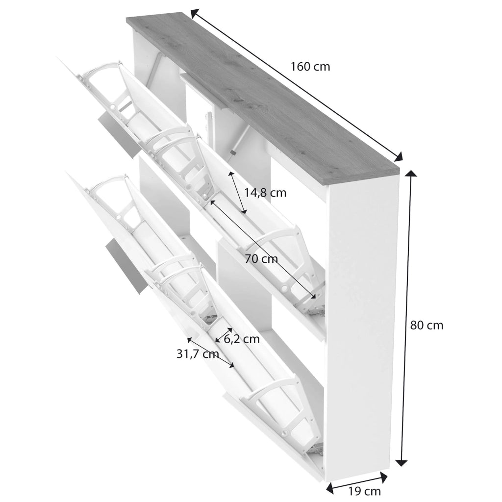 Mobile Portascarpe Achiko, Scarpiera 12 Paia Made in Italy, 160x19x80h cm Bianco Lucido