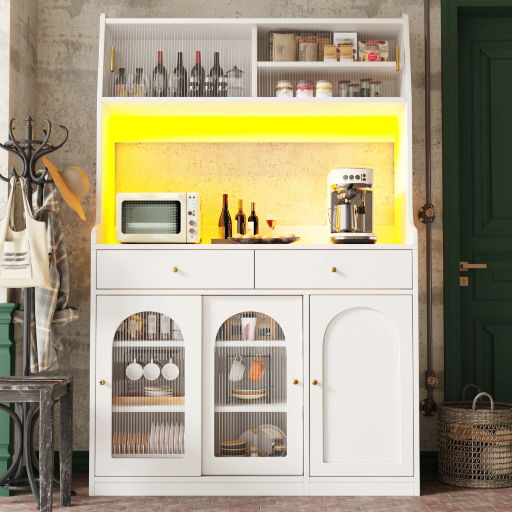Credenza alta 120x40x180 cm con LED da app; ripiani regolabili e cassetti in MDF e PB bianco