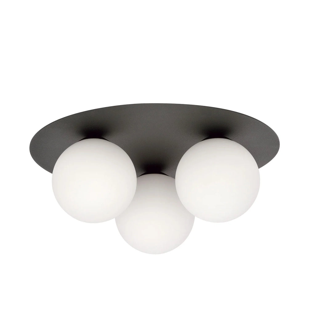 Plafoniera Minimal 3 Luci Mnemosine In Acciaio Nero E Sfere Di Vetro Opale