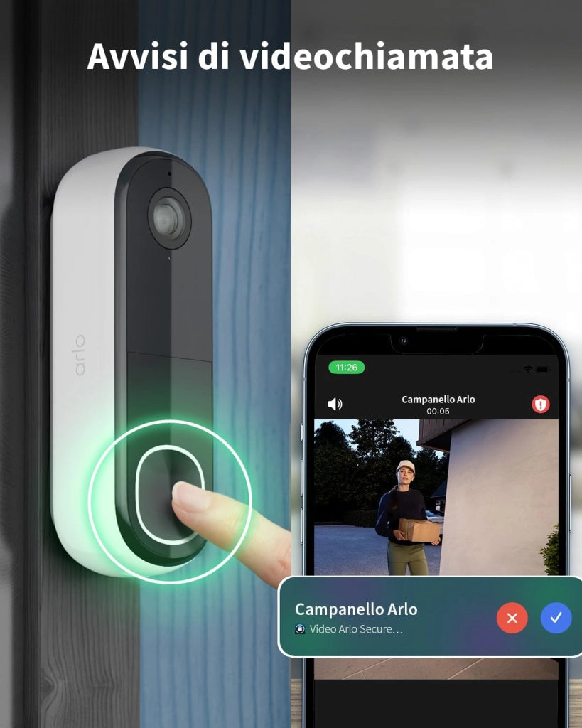 Arlo Essential FHD Videocitofono, Telecamera WiFi Esterno Senza Fili, Campanello Senza Fili da Esterno, Citofono Smart, Sensore Movimento, Visione Notturna, Sirena, Prova Inclusa Secure App, Bianco