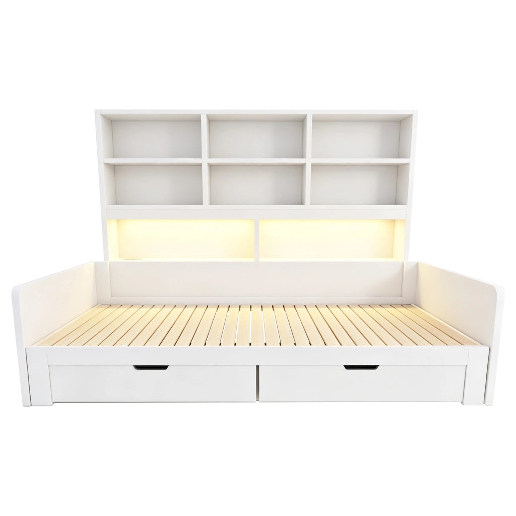 Letto divano estensibile 90x200/180x200 cm con LED; USB; cassetti e ripiani aperti; legno bianco