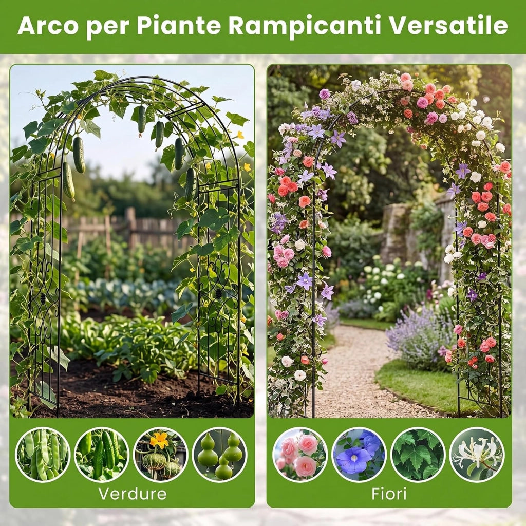 Arco per Rampicanti da Giardino in Metallo con Motivo Floreale | Pergolato per Piante Rampicanti da Girdino e Cortile, Pergola Decorativa per Festa e Matrimonio, 145 x 51 x 225 cm