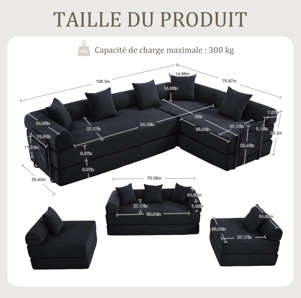 Divano modulare con tasca laterale e funzione letto 270x180x64 cm in velluto a coste nero