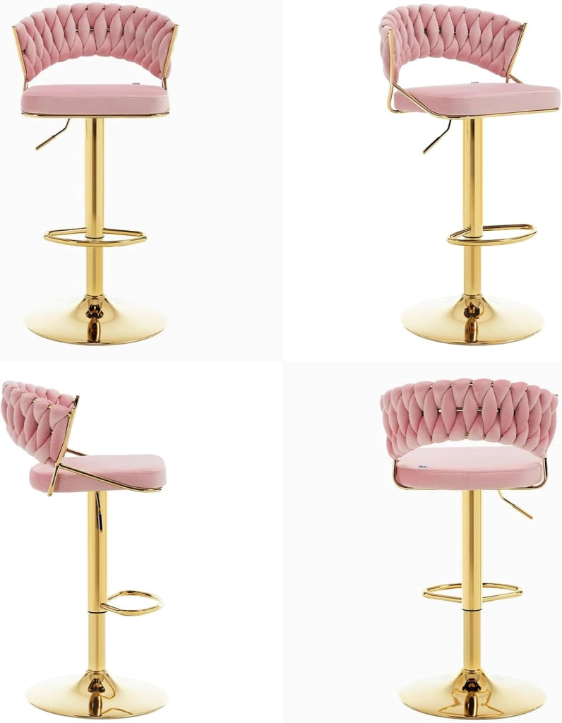 Sgabelli da Cucina Set di 2, Sgabelli da Bar Girevoli Altezza Regolabile con Schienale e Poggiapiedi, Velluto, Rosa