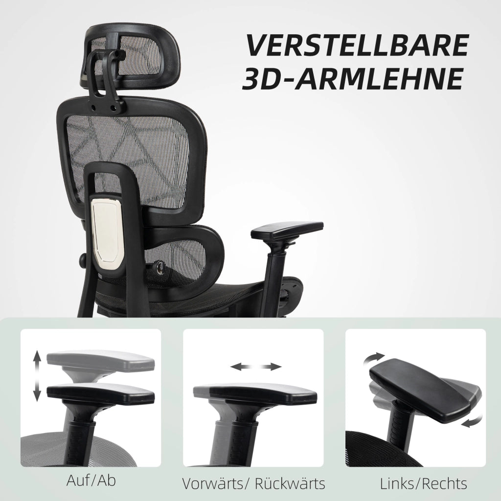 Sedia da ufficio ergonomica girevole con braccioli regolabili, poggiatesta, supporto lombare e poggiapiedi in rete nera