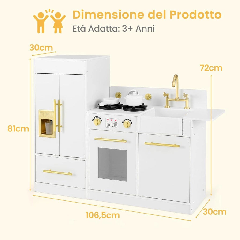 Cucina Giocattolo per Bambini, Cucina per Bambini in Legno con Frigorifero, Fornello, Lavandino, Macchina per il Ghiaccio, Orologio, Lavastoviglie e Accessori, per 3+ Anni