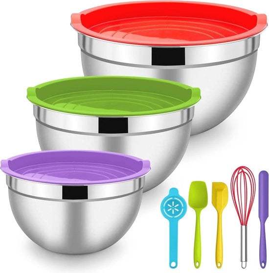 Set di contenitori in acciaio inossidabile a 3 pezzi con coperchio ermetico e 5 accessori per contenitore - 1,2L, 2,7L, 4,5L, ideale per cucinare e cuocere