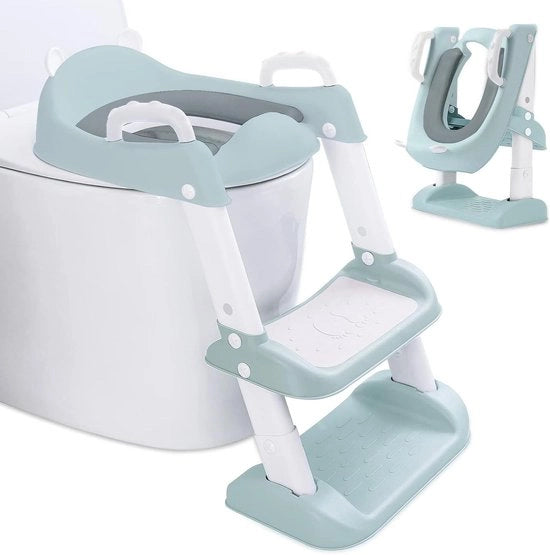 Cassettina per bambini con scala, cuscino in PU morbido pieghevole e regolabile, toilette a forma di O.