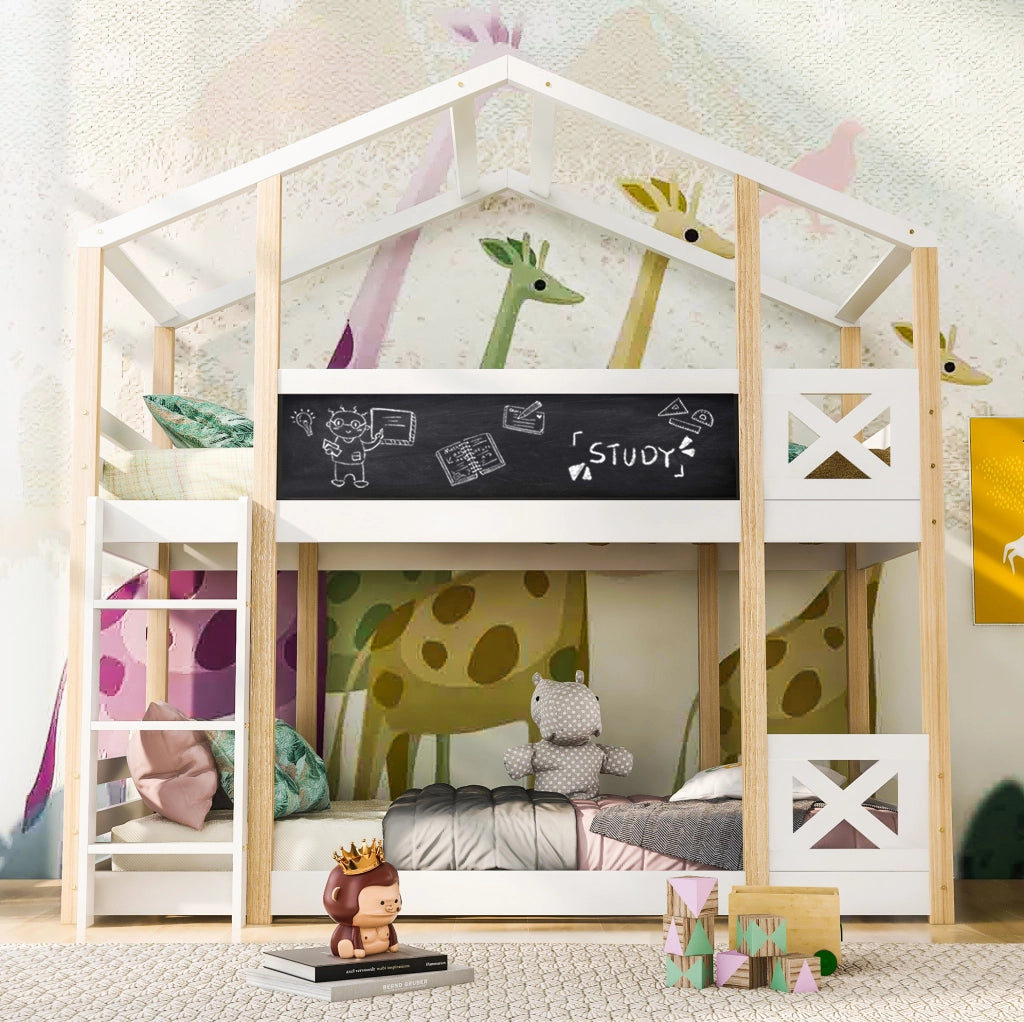 Letto rialzato per bambini a forma di casetta 90x200 cm; con scala e lavagna; bianco