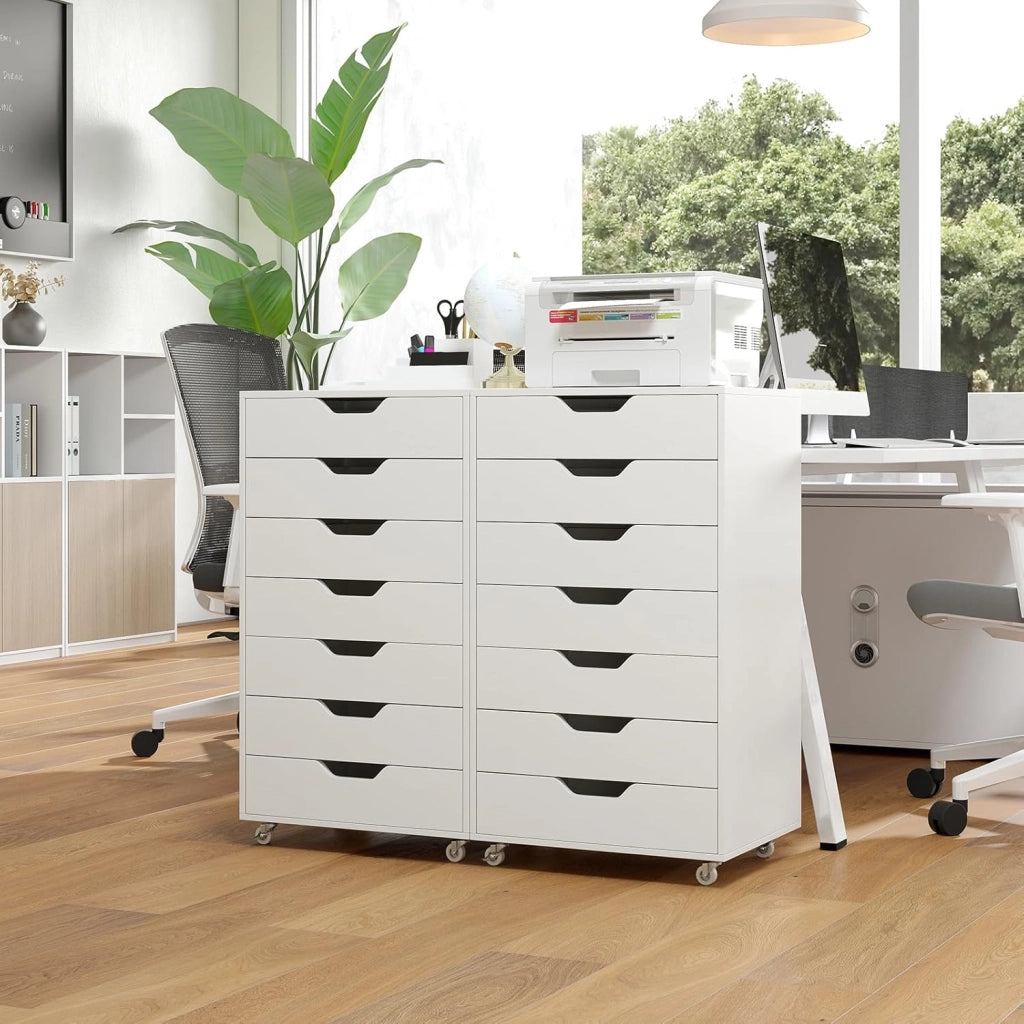 Cassettiera da Ufficio con 7 Cassetti, Mobiletto per Documenti con 4 Ruote Girevoli, Cassettiera da Scrivania in Legno per Ufficio e Soggiorno, 49 x 40 x 87 cm (Bianco Noce)