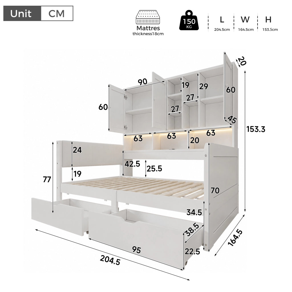 Letto a divano a L 140x200 cm con vani portaoggetti, 2 cassetti, ripiani, LED, presa USB e testiera imbottita in PU, legno bianco