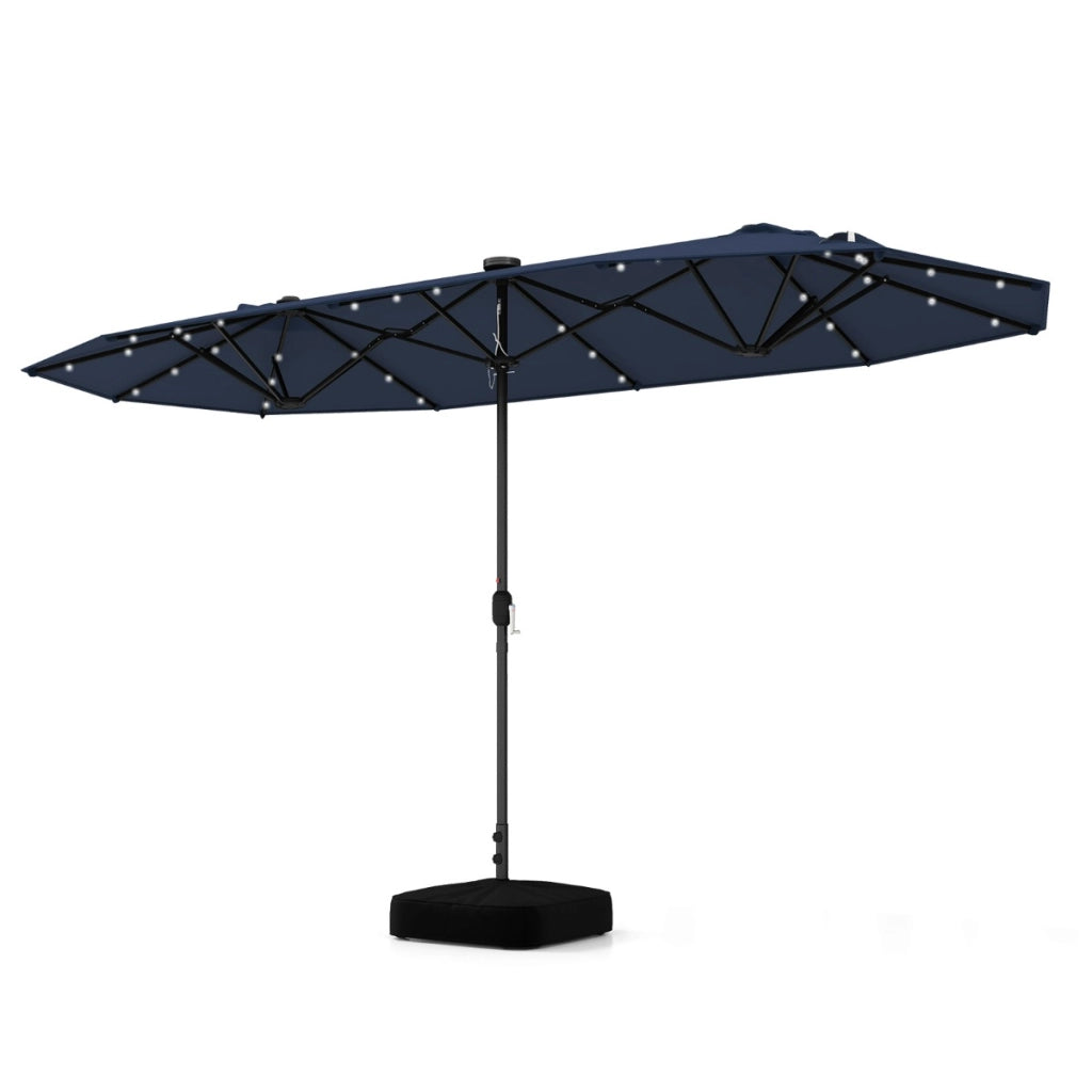 Ombrellone doppio da giardino con luci solari 4x2m, Ombrellone rettangolare grande con manovella base Blu