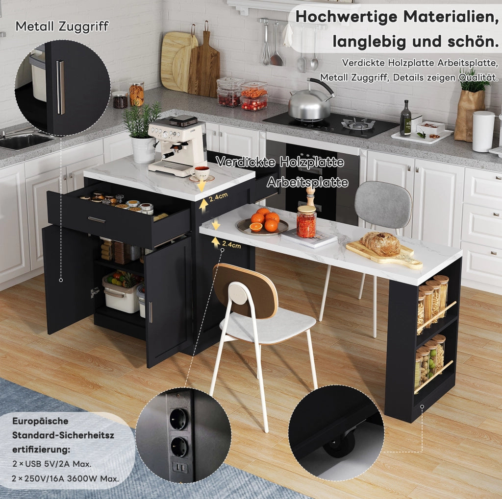 Isola cucina con tavolo estraibile, prese USB e contenitore