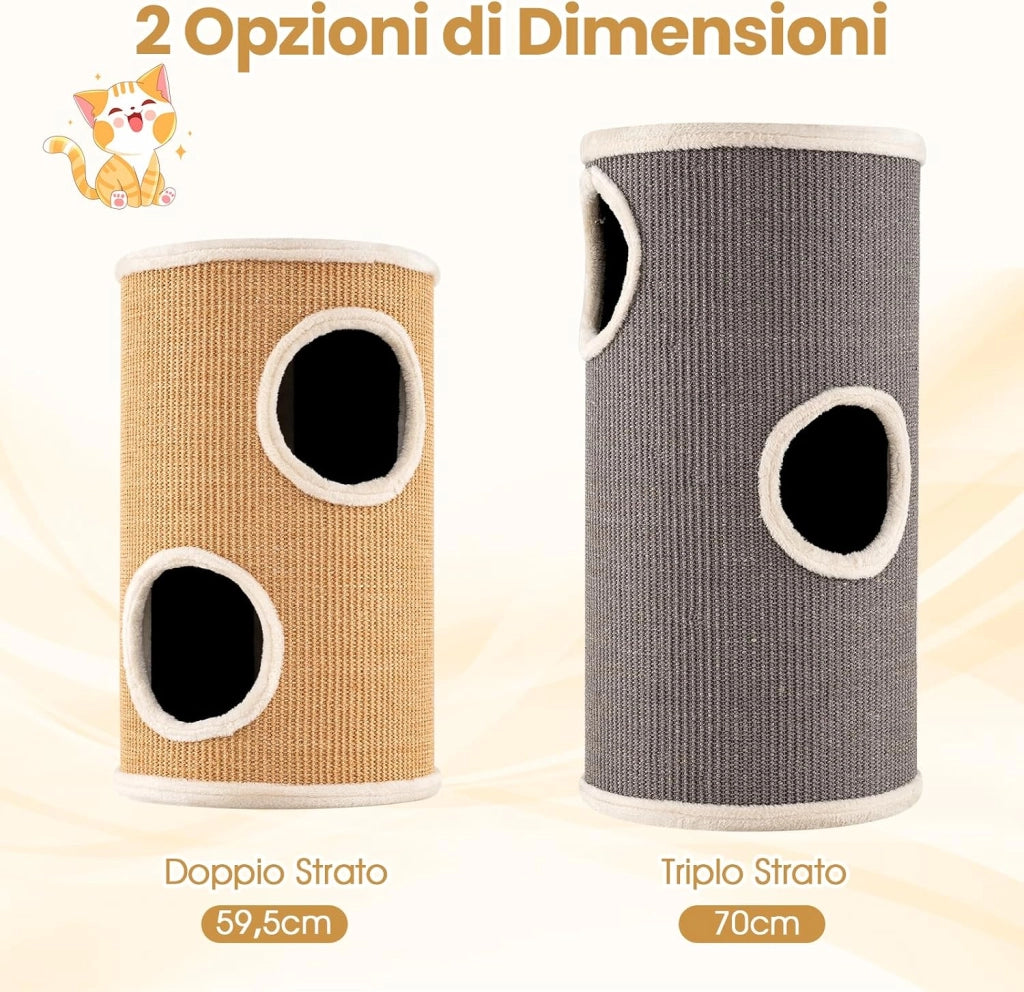 Cuccia per Gatti a 3 Piani, Cassetta Multilivello con Tappetino per Graffi in Sisal e Letto Morbido per Pisolini, Torre a Forma di Barile per Gattini, 36 x 36 x 60 cm