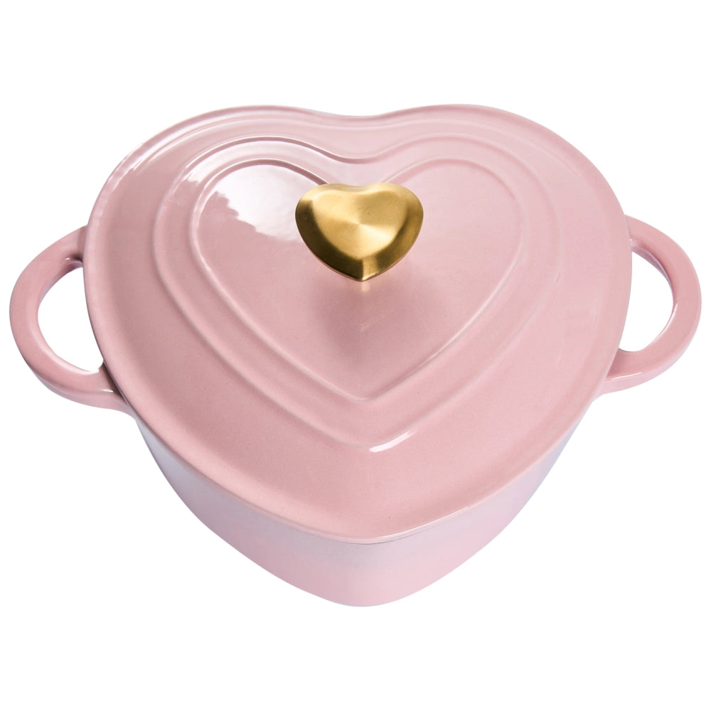 Casseruola rosa in ghisa smaltata con coperchio e manopola in acciaio inossidabile a forma di cuore adatta al forno e compatibile con tutti i tipi di piano cottura per la cucina