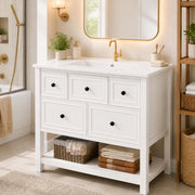 Mobile lavabo freestanding 76 x 46,5 x 82 cm, bianco, in MDF e ceramica, 5 cassetti e vani aperti
