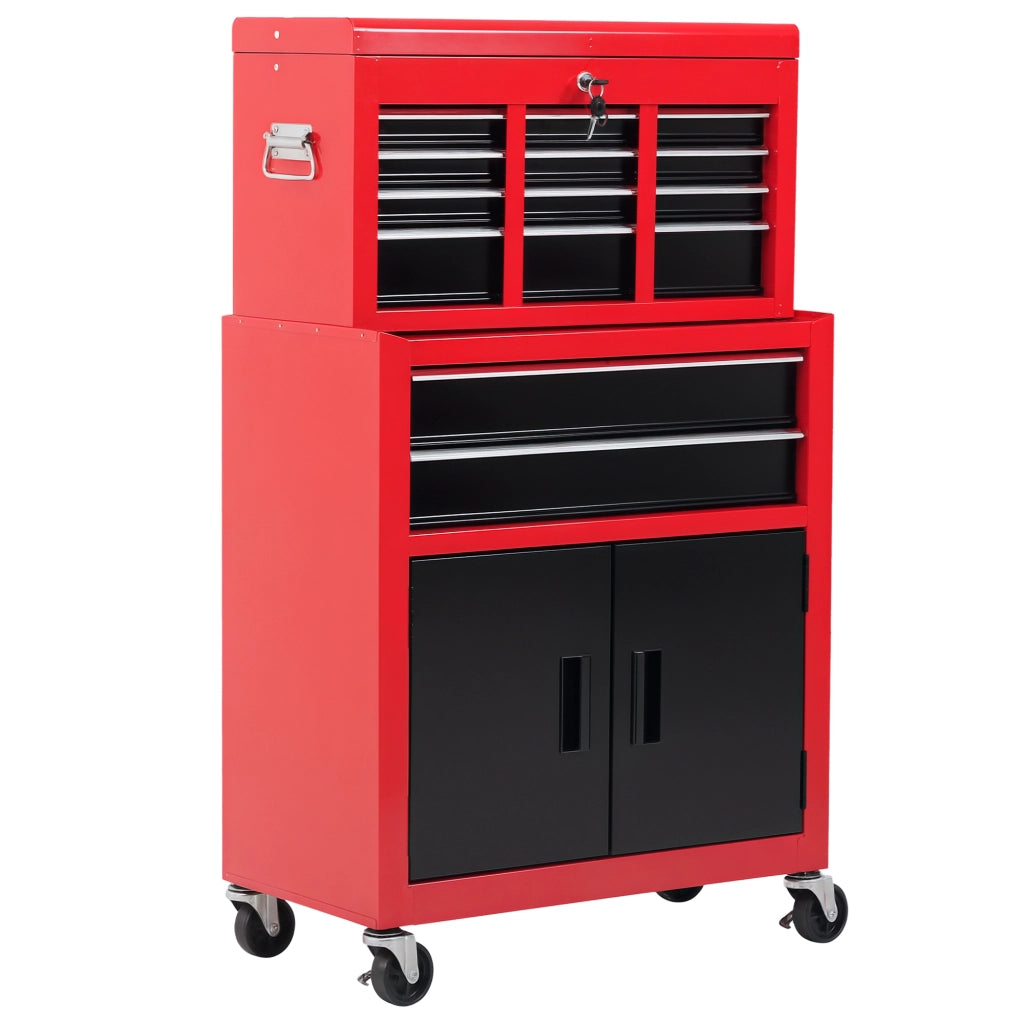 Carrello per attrezzi con cassettiera e cassone mobile ¨C Zephmum ¨C Acciaio rosso e nero
