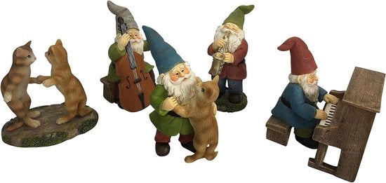 Set di Mini Statue di Topi e Gatti che Ballano per la Festa - 6 pezzi di Decorazione Musicale per Giardino dei Fagioli Miniature