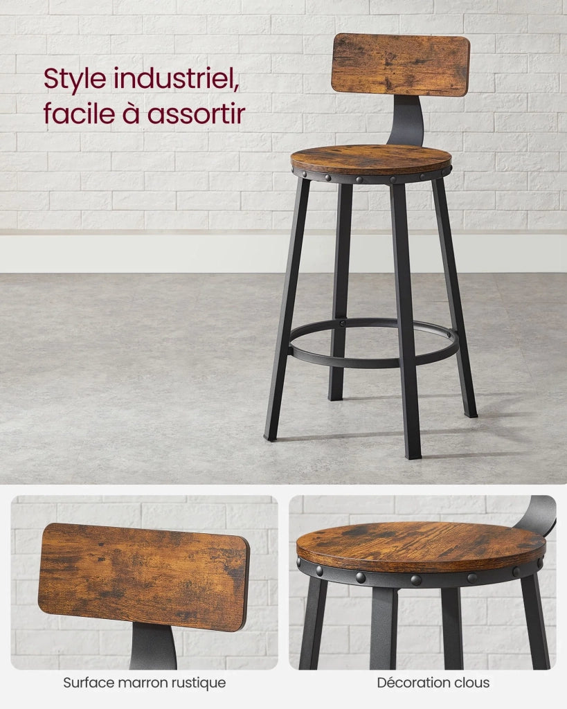 Set di 2 sgabelli da bar/sgabelli alti con schienale sedute da cucina struttura in acciaio facile da montare seduta alta 60 cm stile industriale marrone 12_0006192