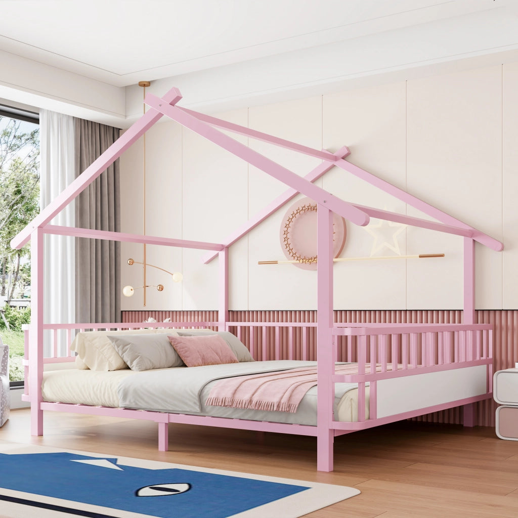LETTO per bambini 140 x 200 cm in metallo rosa con struttura a casa e sponde