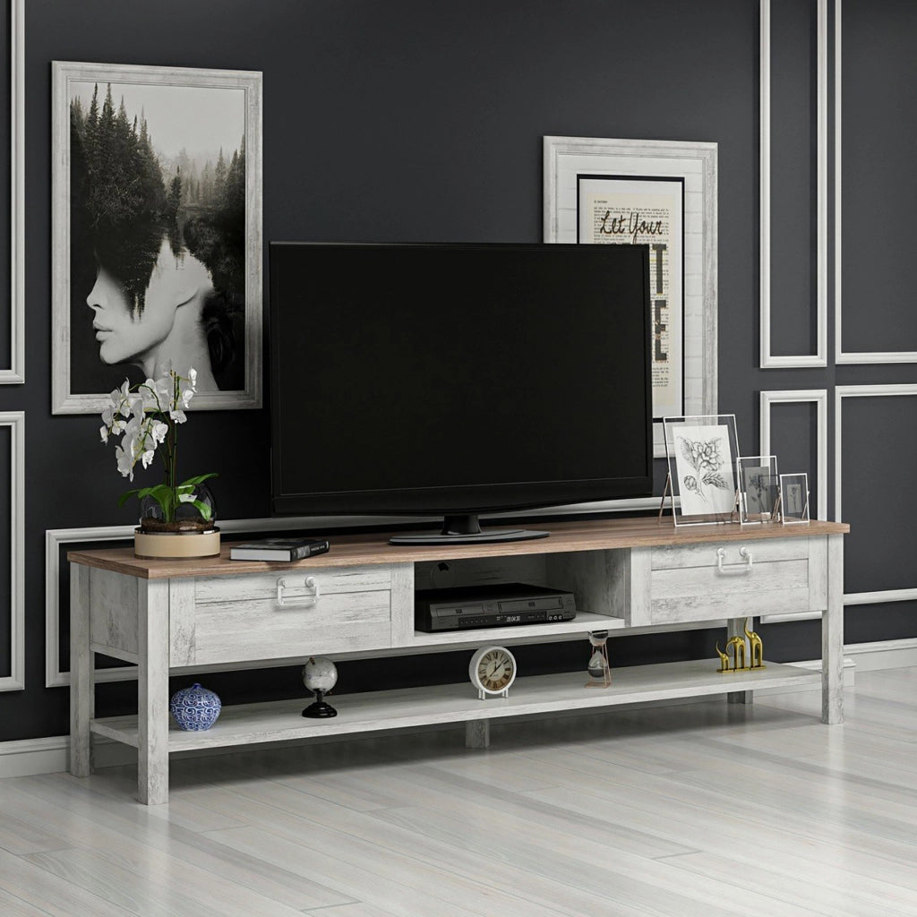Mobile Basso Porta TV 'Hashøj' con Ripiani e Scomparti Chiusi con Ante a Ribalta - Rovere / Bianco Antico [en.casa]