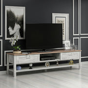 Mobile Basso Porta TV 'Hashøj' con Ripiani e Scomparti Chiusi con Ante a Ribalta - Rovere / Bianco Antico [en.casa]