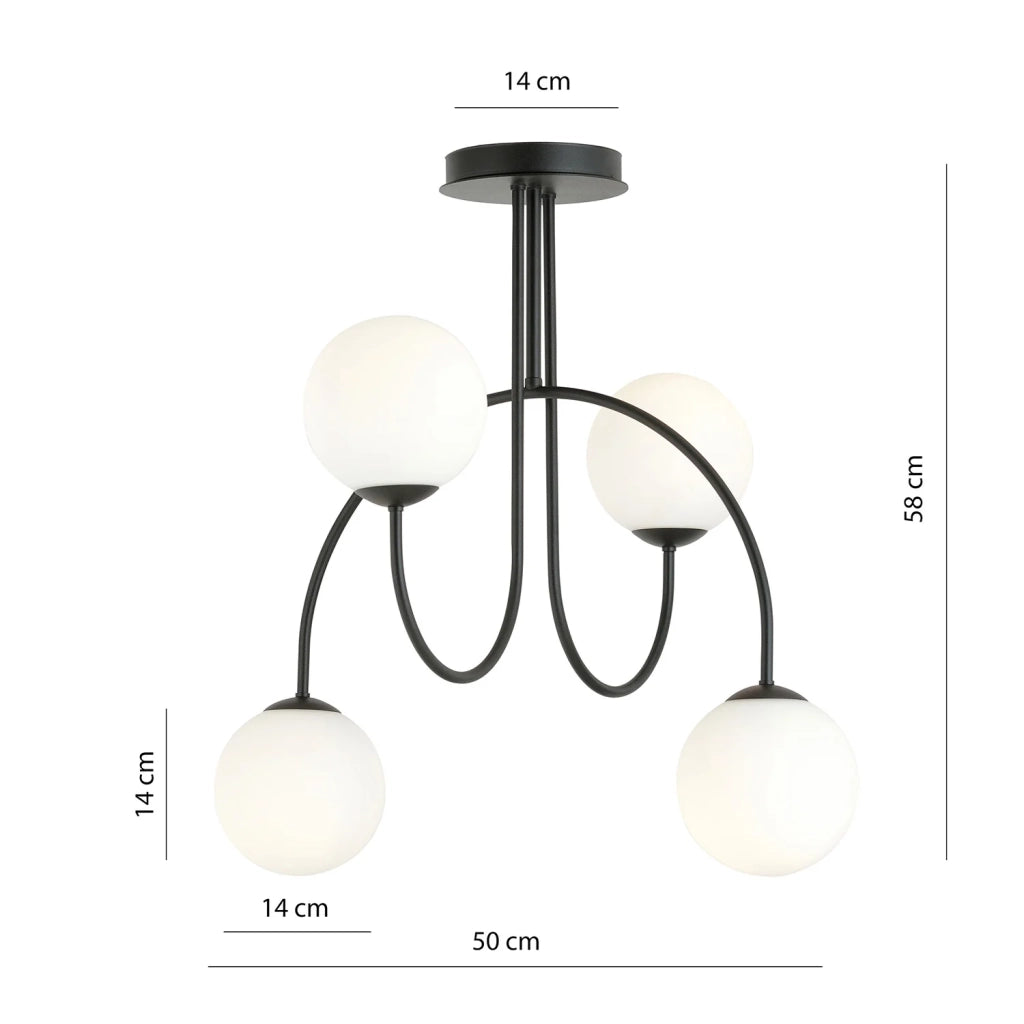 Plafoniera Moderna Utu 4 Luci In Acciaio Nero E Vetro Bianco 50 Cm