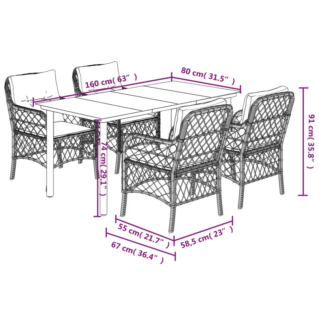 Set da Pranzo da Giardino 5pz con Cuscini in Polyrattan Marrone