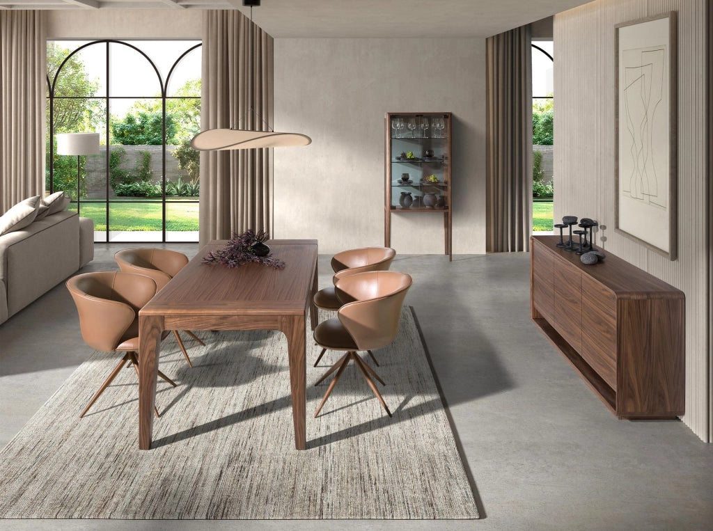 Credenza alta in vetro temperato e noce con illuminazione interna