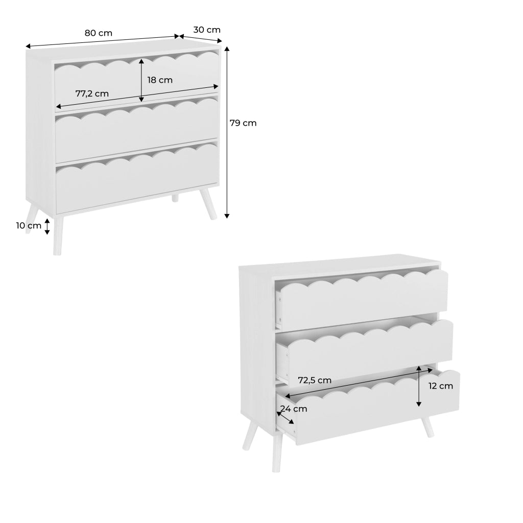 Cassettiera per bambini effetto legno 3 cassetti, bianco