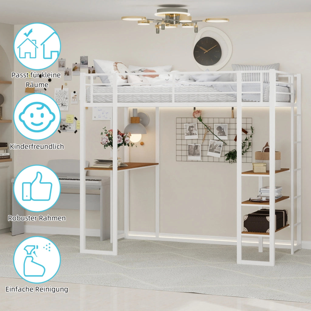 Letto a soppalco 90 × 190 cm con scrivania, scale doppie e spazio sottostante, senza materasso, bianco