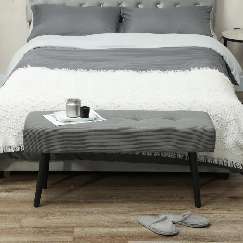 PANCA FONDO LETTO A TRAPUNTA IN TESSUTO EFFETTO VELLUTO A COSTE E ACCIAIO, 100X36X45 CM, GRIGIO