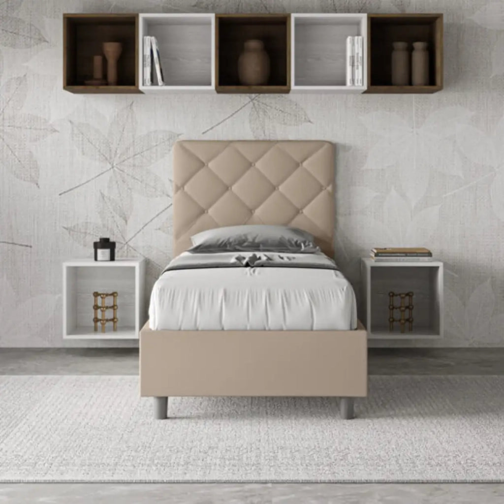 Letto singolo contenitore imbottito 90x210 similpelle tortora Priya