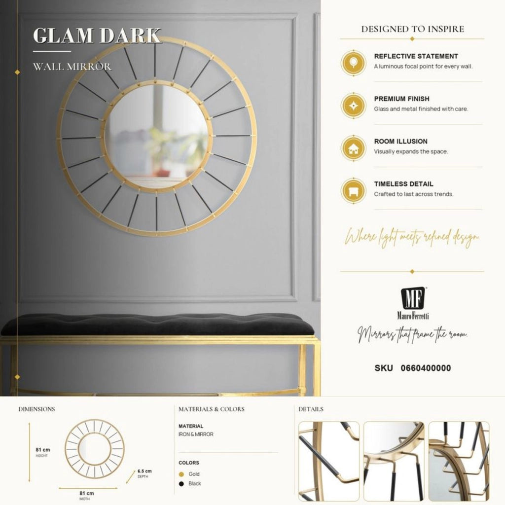 Specchio da parete Glam Dark in ferro oro e nero