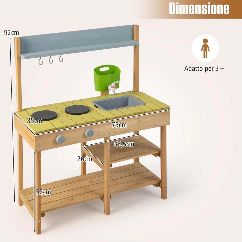 Cucina Giocattolo per Giardino in Legno di Abete, Cucina per Bambini con Serbatoio dell'Acqua e Lavello Rimovibili, 3 Ripiani Aperti, Funzione Suoni, per Bambini 3+ Anni (Naturale)