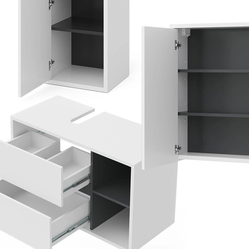 Set mobili bagno Viola, Bianco, 100 cm, composto da mobile sottolavabo, specchiera e mobile medio