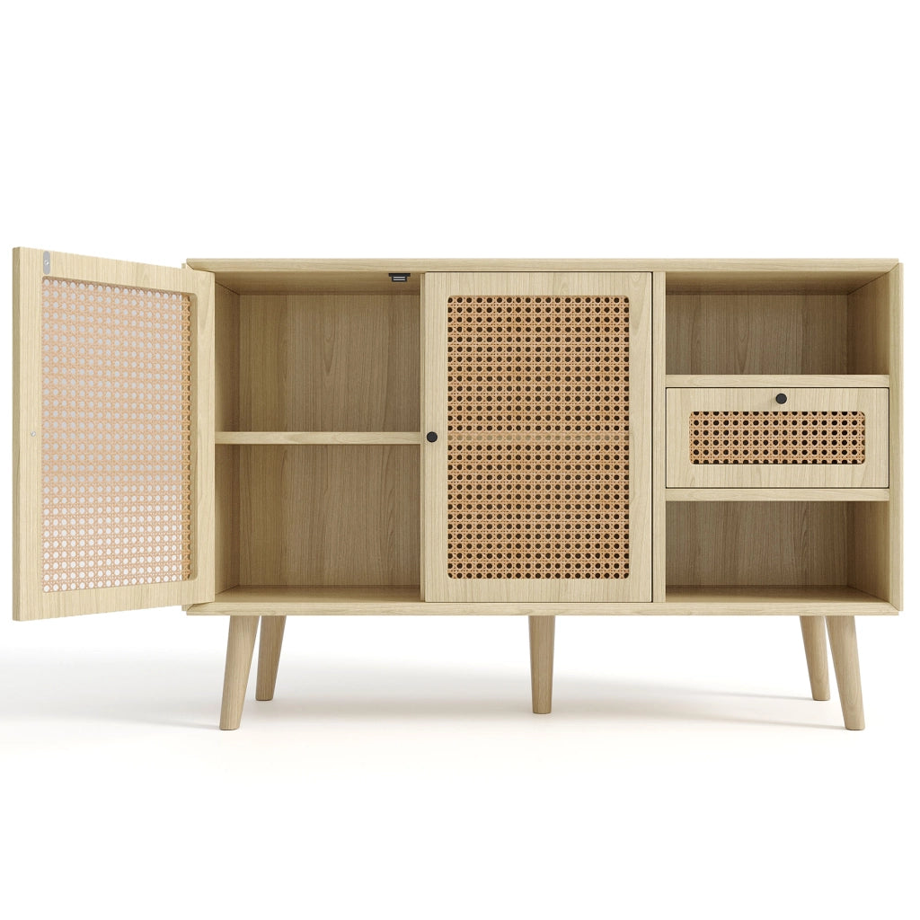 Credenza con Cassetto e 2 Ante in Rattan ¨C MINIMAL ¨C Rovere, Metallo Nero, 120x40x80