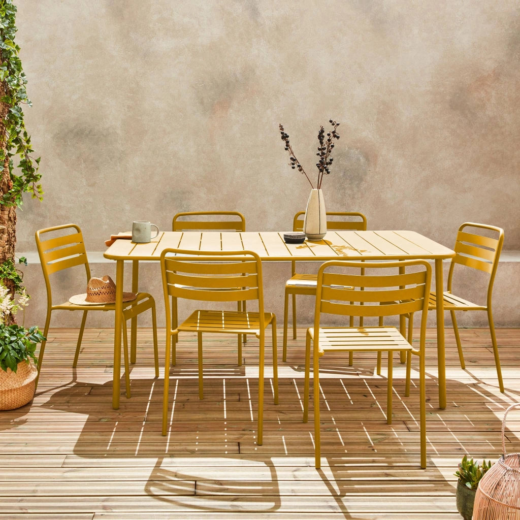 Set tavolo da giardino in acciaio con 6 sedie, 160cm, ocra
