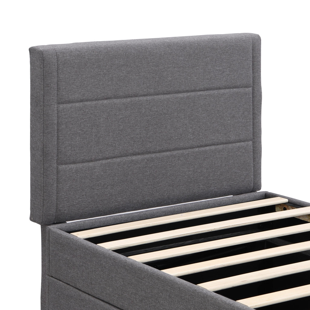 Letto singolo imbottito 90x200 cm con contenitore; in lino e MDF; grigio