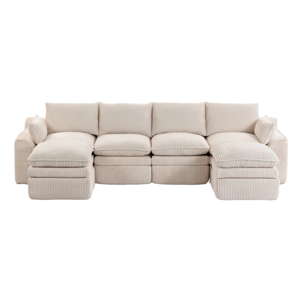 Divano modulare in corduroy beige con tasche laterali, cuscini inclusi e struttura in schiuma a 3 strati