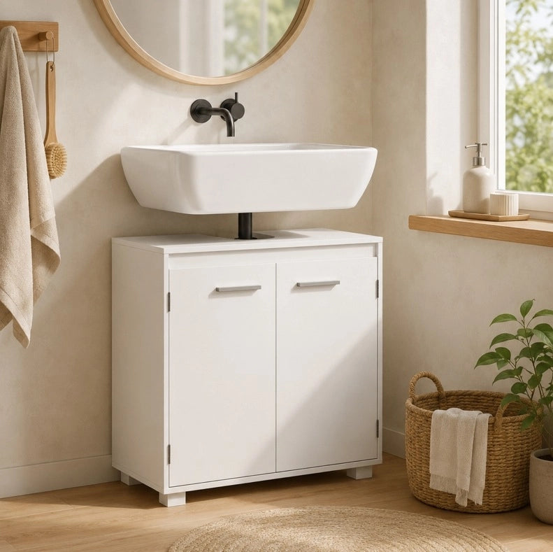 Mobile bagno moderno in MDF bianco con vano a U, ripiano regolabile e dimensioni 60x30x60 cm