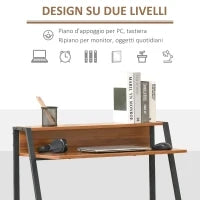 Scrivania Moderna per Camera e Ufficio a 2 Livelli, Arredamento in Legno e Metallo, 84x45x85cm, Nero e Color Noce