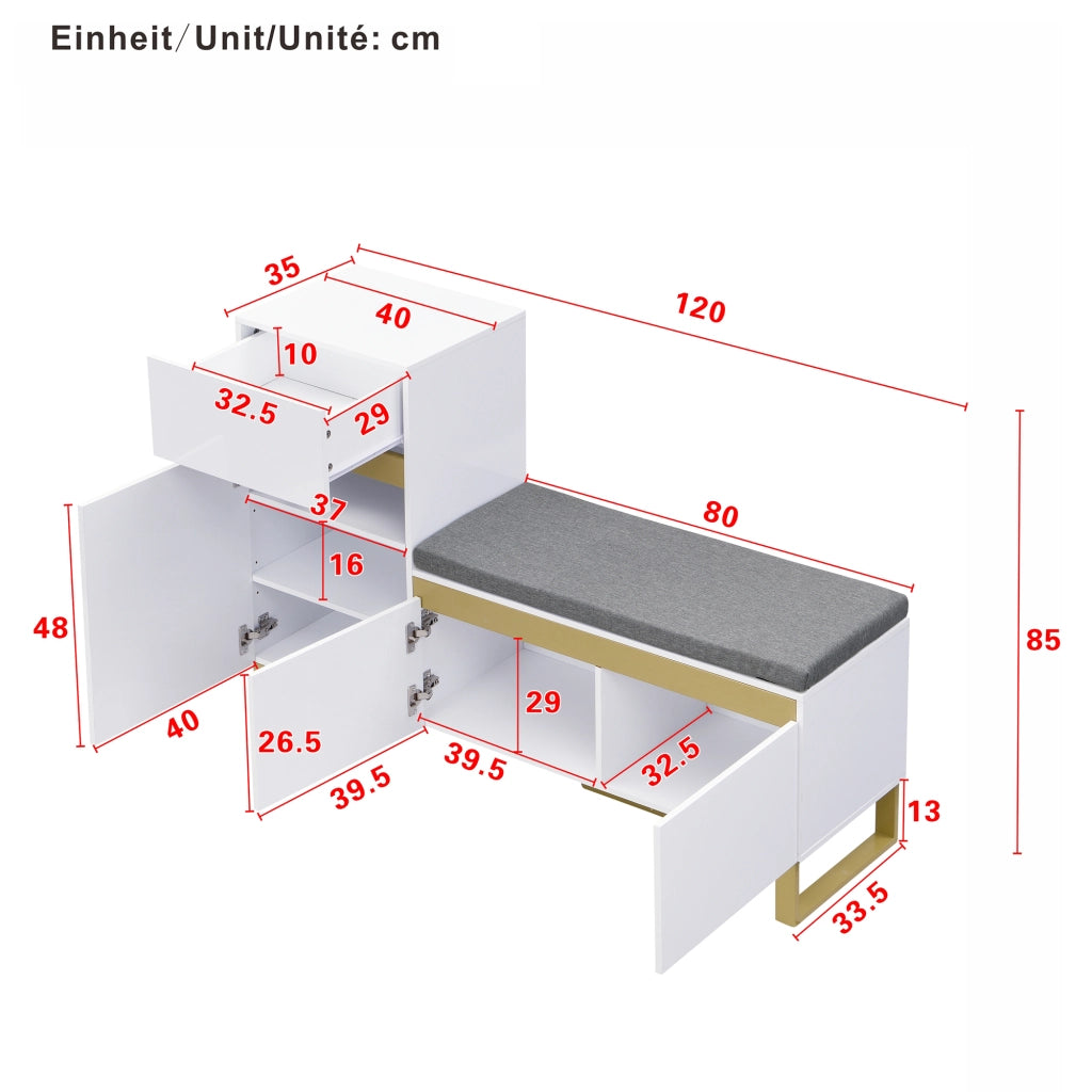 OKWISH Scarpiera con 2 Ante, 1 Cassetto e Panca Imbottita, Mobile per Ingresso in MDF Bianco, 120 x 35 x 85 cm