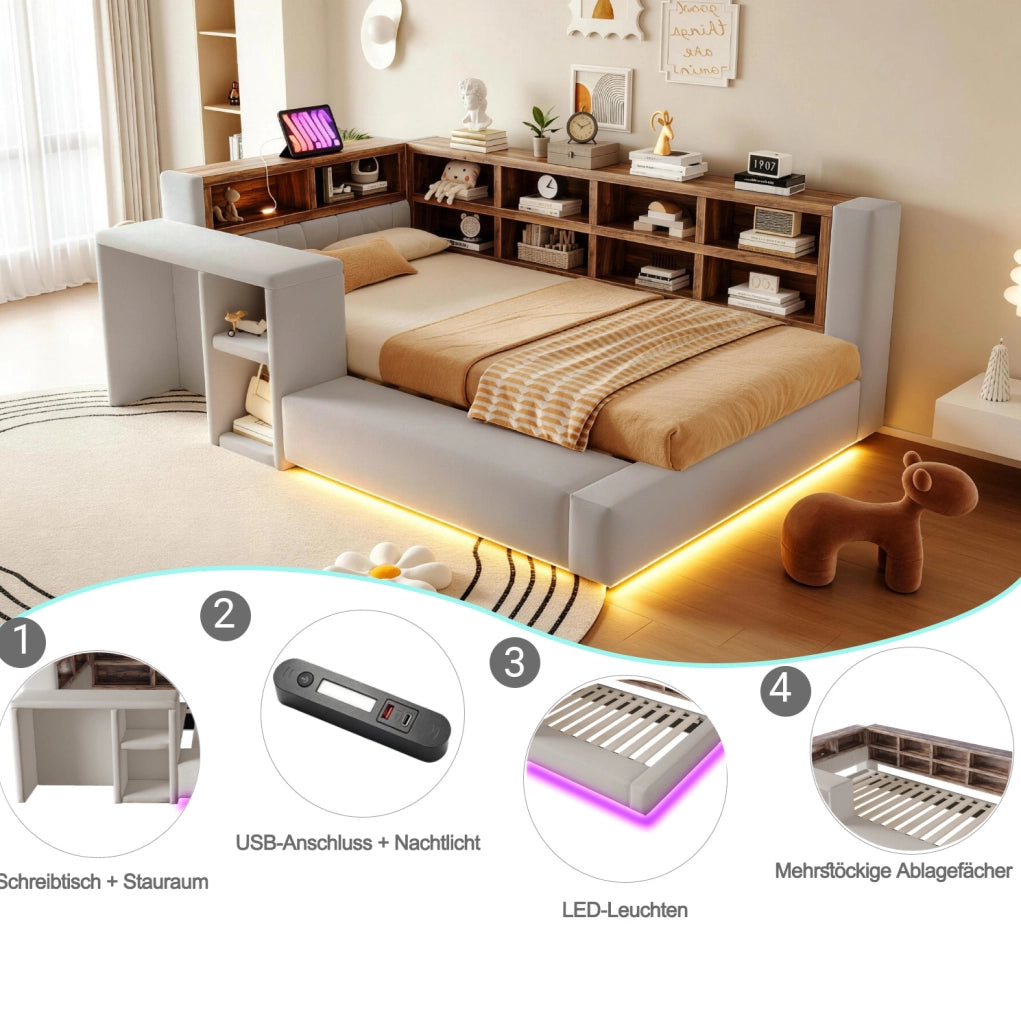 Letto singolo 90x200 cm con LED; prese integrate e ripiani in velluto grigio chiaro