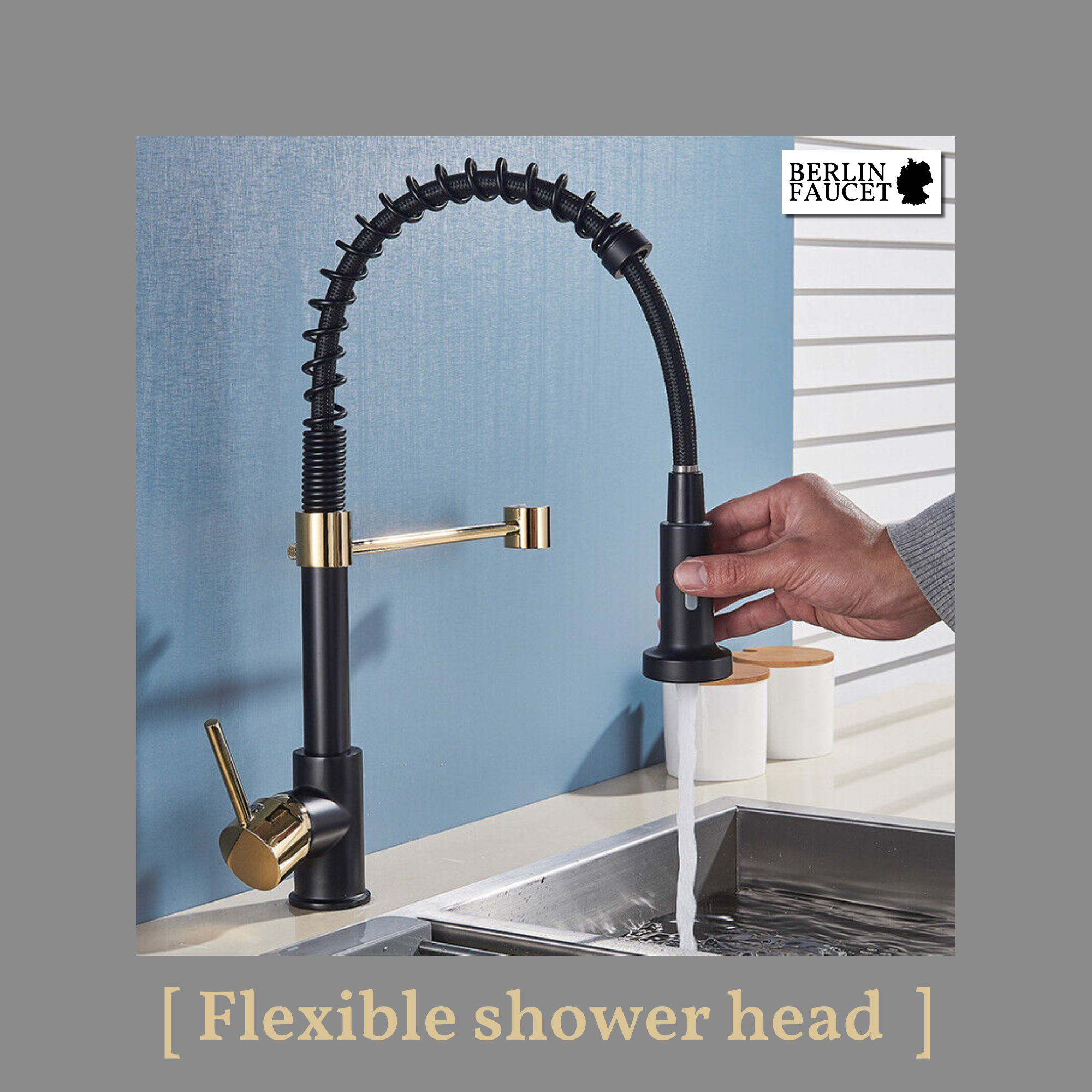 Bernd | Rubinetto Flessibile Catering Black Gold |da cucina in acciaio inossidabile|miscelatore può essere ruotato  360 gradi Alta pressione 2 porte