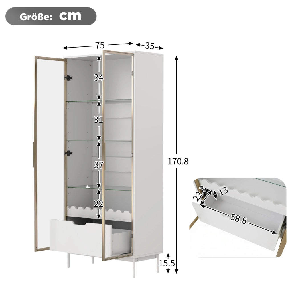 ARMADIO ALTO con ripiani regolabili, cassetto, Gold e White, MDF